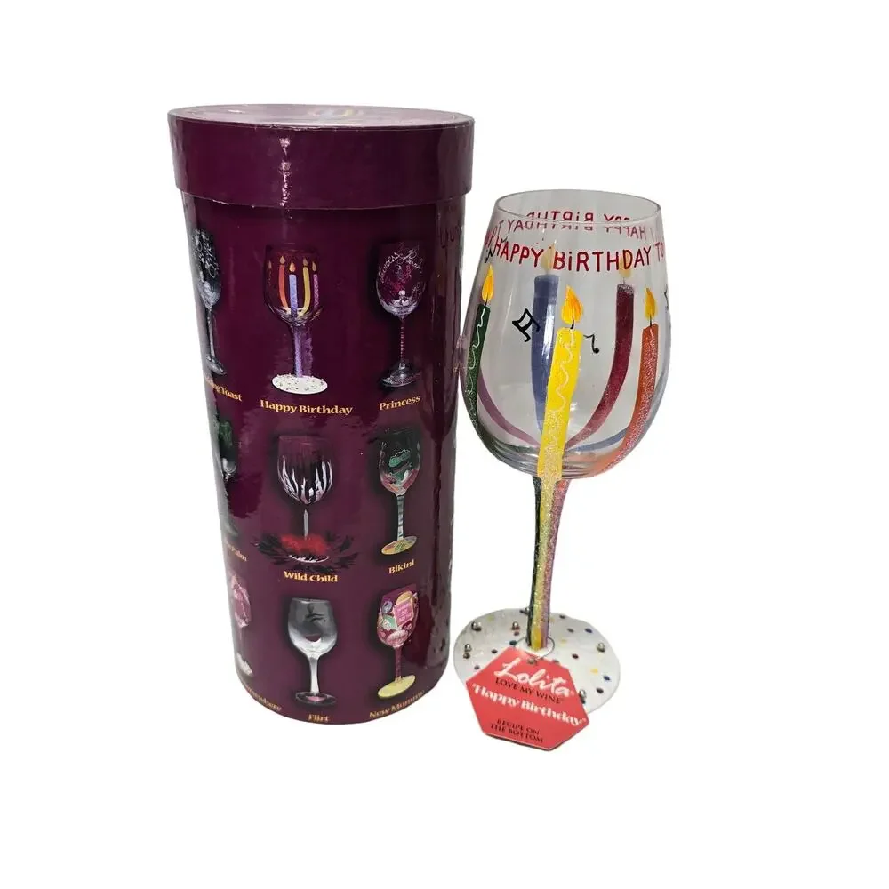 Lolita Love My Wine HAPPY BIRTHDAY 15 oz Hand Painted Artisan Wine Glass